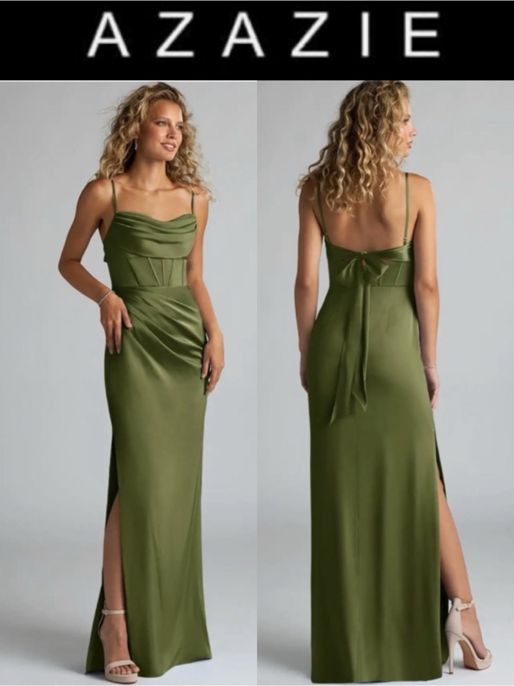 AZAZIE MAI OLIVE CORSET SHEATH STRETCH PLEATED SLEEVELESS SATIN MAXI DRESS